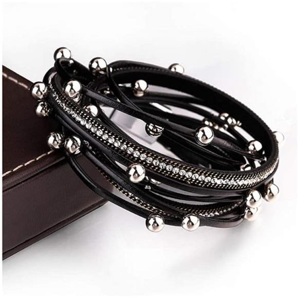 Leather Wrap Bracelets for Women Boho Leopard Multi-Layer Crystal Beads Cuff - Picture 2 of 6